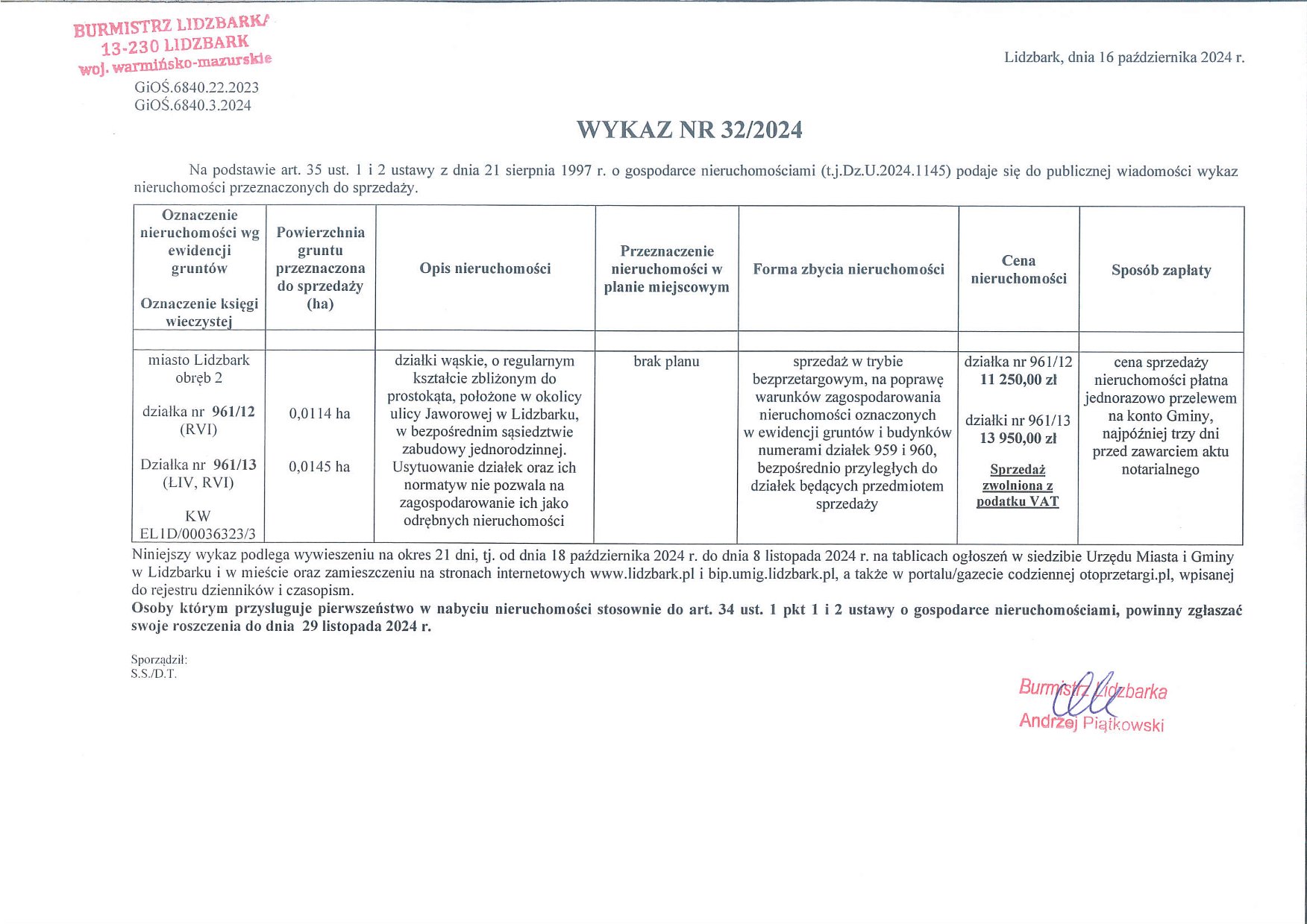 Wykaz Nr 32/2024 - Nieruchomości gruntowe do sprzedaży - Lidzbark, ul. Jaworowa, obr. 2, dz. nr 961/12, 961/13